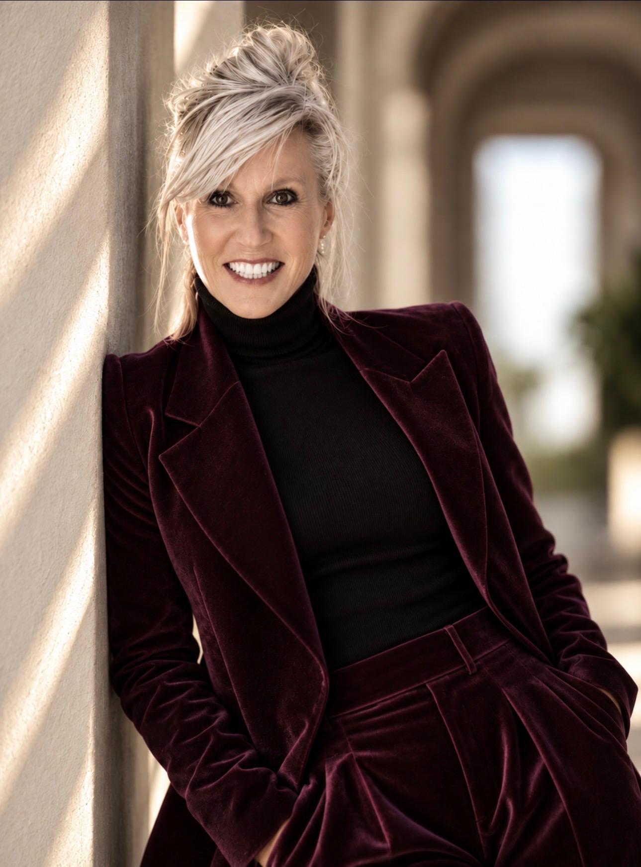 Portrait of Ros Banksia-Smith wearing a burgundy velvet suit